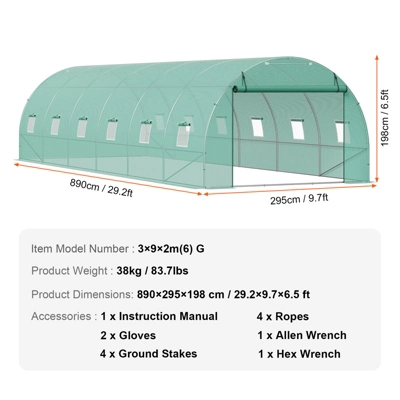 VEVOR Walk-in Tunnel Greenhouse, 29.2x9.7x6.5 Ft Hoop House Greenhouse Tunnel With Galvanized Steel Frame, Green PE Cover, 12 Windows 7 VEVOR Walk-in Tunnel Greenhouse, 29.2x9.7x6.5 Ft Hoop House Greenhouse Tunnel With Galvanized Steel Frame, Green PE Cover, 12 Windows - Image 7