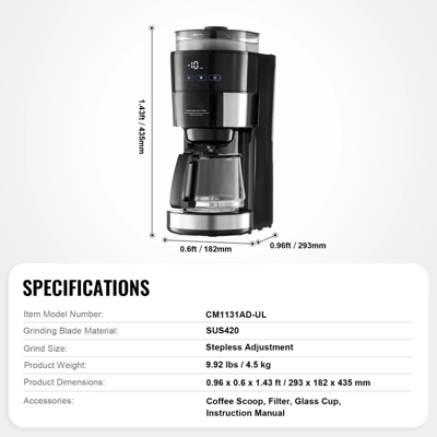 VEVOR Coffee Maker With Grinder, 10 Cup Coffee Machine, Grind And Brew Coffee Maker With 3 Brew Strength Control, Drip Coffee Maker 7 VEVOR Coffee Maker With Grinder, 10 Cup Coffee Machine, Grind And Brew Coffee Maker With 3 Brew Strength Control, Drip Coffee Maker - Image 7