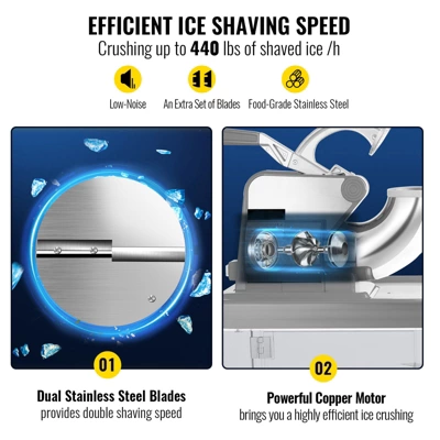 VEVOR 110V Commercial Ice Crusher 440LBS/H, ETL Approved 300W Electric Snow Cone Machine With Dual Blades, Stainless Steel Shaved Ice Machine, Silver 2 VEVOR 110V Commercial Ice Crusher 440LBS/H, ETL Approved 300W Electric Snow Cone Machine With Dual Blades, Stainless Steel Shaved Ice Machine, Silver - Image 2