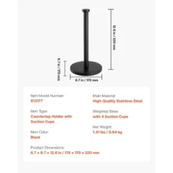 VEVOR Paper Towel Holder Countertop, Stainless Steel Kitchen Paper Towel Stand With Weighted Base And Suction Cups, Black -Vevor GUEST dd3d0879 48af 4699 b934 769036812e72