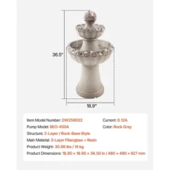 VEVOR Outdoor Water Fountain, 36.5 In Height Fountain And Waterfall, 2-Tier Floor Standing Rock Base Style Fiberglass And Resin Fountains, Gray -Vevor GUEST ddf109a4 f360 4c1f a75b 5c344adb5b88