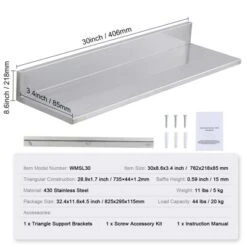VEVOR 8.6" X 30" Stainless Steel Shelf, Wall Mounted Floating Shelving With Backsplash, 44 Lbs Load Capacity Commercial Shelves -Vevor GUEST dfd6934c 9b6f 48dc a470 fdc7976a644b
