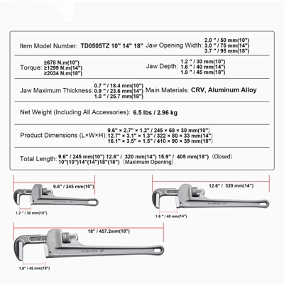 VEVOR 3-Piece Pipe Wrench Set, 10" 14" 18" Aluminum Straight Pipe Wrench, Adjustable Plumbing Wrench, With High Strength Jaw, Silver 7 VEVOR 3-Piece Pipe Wrench Set, 10" 14" 18" Aluminum Straight Pipe Wrench, Adjustable Plumbing Wrench, With High Strength Jaw, Silver - Image 7