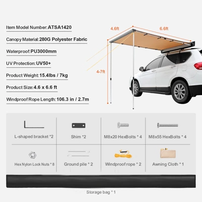 VEVOR Car Side Awning, Large 4.6'x6.6' Shade Coverage Vehicle Awning, PU3000mm UV50+ Retractable Car Awning With Waterproof Storage Bag 7 VEVOR Car Side Awning, Large 4.6'x6.6' Shade Coverage Vehicle Awning, PU3000mm UV50+ Retractable Car Awning With Waterproof Storage Bag - Image 7