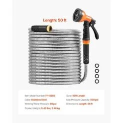 VEVOR Metal Garden Hose 50 Ft, Rust Proof Stainless Steel Water Hose, Heavy Duty Backyard Hose With 10 Function Nozzle, Silver -Vevor GUEST e333b4eb 9a84 45b0 aff0 3dbb1097cade