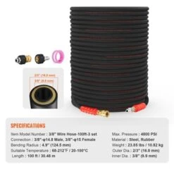 VEVOR Pressure Washer Hose, 100FT, Kink Free 3/8"-φ14.8 Male, 3/8"-φ15 Female For Most Brand Pressure Washers, 4.9'' Bending Radius, Black -Vevor GUEST e78e66c4 7e8e 4090 aced 562b8ea50d42