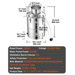 VEVOR Alcohol Still, 15 Gal 50L Water Alcohol Distiller Include Stainless Steel Tube & Pump & One-way Exhaust Valve & Thermometer (30-120‚ÑÉ ), Silver 14 VEVOR Alcohol Still, 15 Gal 50L Water Alcohol Distiller Include Stainless Steel Tube & Pump & One-way Exhaust Valve & Thermometer (30-120‚ÑÉ ), Silver -Vevor GUEST ea765404 fd7b 4997 88b0 1c94bab22561
