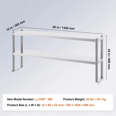 VEVOR Double Overshelf, Double Tier Stainless Steel Overshelf, 12 X 60 Inch Double Deck Overshelf, Height Adjustable Overshelf Prep Work Table 7 VEVOR Double Overshelf, Double Tier Stainless Steel Overshelf, 12 X 60 Inch Double Deck Overshelf, Height Adjustable Overshelf Prep Work Table - Image 7