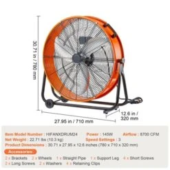 VEVOR Drum Fan, 24 Inch High Velocity Industrial Shop Fan, Heavy Duty Commercial Use 3-Speed 8600CFM, 360°Adjustable Tilting Floor Fan, Orange -Vevor GUEST ebdfae41 8458 4142 ad8b 2eaa3d6f6f15