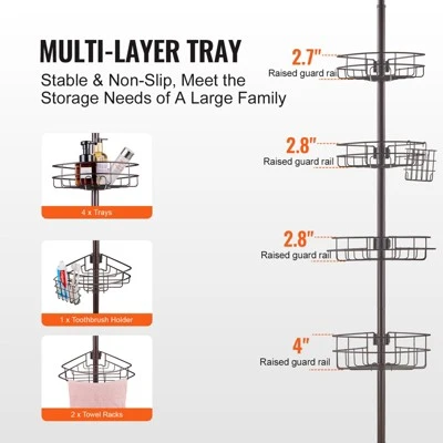 VEVOR Shower Corner Caddy Tension Pole, 56" To 114" High, Multi-Functional Shower Tension Pole With Strong Load-Bearing Tray, Black 4 VEVOR Shower Corner Caddy Tension Pole, 56" To 114" High, Multi-Functional Shower Tension Pole With Strong Load-Bearing Tray, Black - Image 4