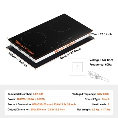 VEVOR Electric Cooktop, 24 Inch 2 Burners Built-in Electric Stove Top, 1800W Ceramic Top Radiant Cooktop With Glass Panel, Touch Control, Timer 7 VEVOR Electric Cooktop, 24 Inch 2 Burners Built-in Electric Stove Top, 1800W Ceramic Top Radiant Cooktop With Glass Panel, Touch Control, Timer - Image 7