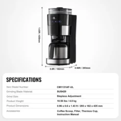 VEVOR Coffee Maker With Grinder, 8 Cup Programmable Coffee Machine, Grind And Brew Coffee Maker With 24-Hour Timer For Auto Brew, Reusable Filter -Vevor GUEST ece99ea2 4fd0 40cd b0ec a4698e058146