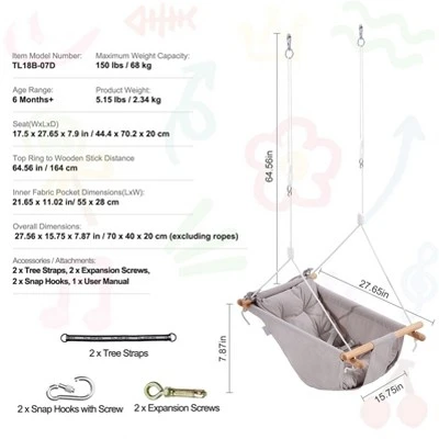 VEVOR Canvas Hammock Swing, 3 Modes Baby Swing Indoor And Outdoor With 5-Point Harness, And Tree Straps, 150lbs Weight Capacity, Integrated Cushion 7 VEVOR Canvas Hammock Swing, 3 Modes Baby Swing Indoor And Outdoor With 5-Point Harness, And Tree Straps, 150lbs Weight Capacity, Integrated Cushion - Image 7
