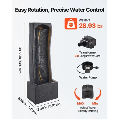 VEVOR Outdoor Water Fountain, 38.58 In Height Fountain And Waterfall,1-Tier Floor Standing Rock Base Style Fountains With With Light And Pump, Black 3 VEVOR Outdoor Water Fountain, 38.58 In Height Fountain And Waterfall,1-Tier Floor Standing Rock Base Style Fountains With With Light And Pump, Black - Image 3