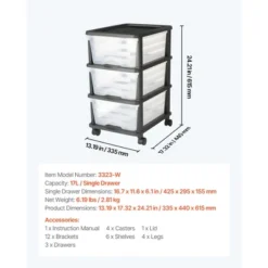 VEVOR Plastic Storage Drawers Cart, 3 Drawers Storage Organizer With Wheels, Rolling Closet Organization And Storage Dividers, Transparent&Black -Vevor GUEST ef04ff53 4b29 42ef 9677 2c58797795f7