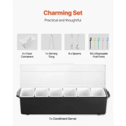 VEVOR Chilled Condiment Server, 6 Compartment Ice Cooled Condiment Serving Container, Chilled Garnish Tray Bar Caddy With Lid, Black -Vevor GUEST f0867e68 082b 4530 b4a1 422133ca722b