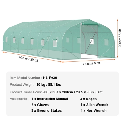 VEVOR Walk-in Tunnel Greenhouse, 29.5x9.8x6.6 Ft Hoop House Greenhouse Tunnel With Galvanized Steel Frame, PE Cover, Roll-up Zipper Door, 12 Windows 7 VEVOR Walk-in Tunnel Greenhouse, 29.5x9.8x6.6 Ft Hoop House Greenhouse Tunnel With Galvanized Steel Frame, PE Cover, Roll-up Zipper Door, 12 Windows - Image 7