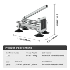 VEVOR French Fry Cutter, Potato Slicer With 1/2" 3/8" 1/4" Stainless Steel Blades, Manual Potato Cutter Chopper With Suction Cups -Vevor GUEST f32149c2 4820 4949 9c66 33ec546195e0