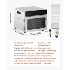 VEVOR Food Dehydrator Machine, 6 Stainless Steel Trays, 400W Electric Food Dryer With Adjustable Temperature & 24-Hour Timer, Freeze Dryer, Silver -Vevor GUEST f6178634 18df 4380 aa91 e9cba904f109