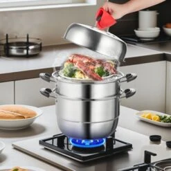 VEVOR Steamer Pot 11in/28cm, 3 Tier Steamer Pot For Cooking With 8.5QT Stock Pot, Vegetable Steamer & 2 Steaming Tray