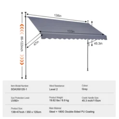 VEVOR 138 X 47" Patio Awning Retractable, Awning Sunshade Shelter With Manual Crank Handle, Outdoor Patio Canopy Sunsetter Deck, Dark Gray -Vevor GUEST fa08bf96 b1be 41fa a1c5 e1a2e9bc95df