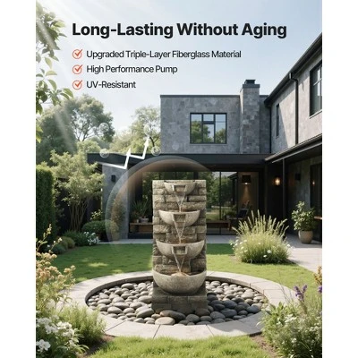 VEVOR Outdoor Water Fountain, 35.63 In Height Fountain And Waterfall, 4-Tier Floor Standing Cascading Fountains With Light And Pump, Gray 5 VEVOR Outdoor Water Fountain, 35.63 In Height Fountain And Waterfall, 4-Tier Floor Standing Cascading Fountains With Light And Pump, Gray - Image 5