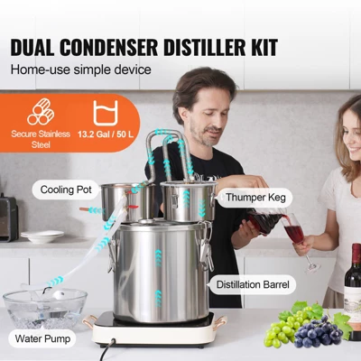 VEVOR Alcohol Still, 13.2 Gal / 50 L Stainless Steel Water Alcohol Distiller With Copper Coil For Fast Cooling, Dual Condenser Distiller Kit, Silver 2 VEVOR Alcohol Still, 13.2 Gal / 50 L Stainless Steel Water Alcohol Distiller With Copper Coil For Fast Cooling, Dual Condenser Distiller Kit, Silver - Image 2