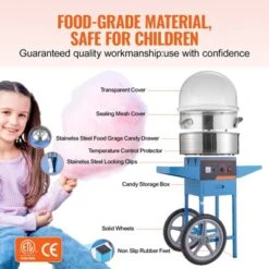 VEVOR Electric Cotton Candy Machine With Cart, 1000W Commercial Candy Floss Maker With Cover, Stainless Steel Bowl, Sugar Scoop And Drawer Blue -Vevor GUEST fbe7b822 41fd 47bb 9d08 5cd5670958c1
