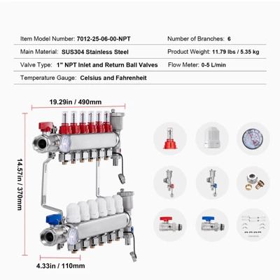 VEVOR 6-Branch Radiant Heat Manifold, 1/2" PEX Tubing Manifold, Stainless Steel PEX Manifold For Hydronic Radiant Floor Heating, Silver 7 VEVOR 6-Branch Radiant Heat Manifold, 1/2" PEX Tubing Manifold, Stainless Steel PEX Manifold For Hydronic Radiant Floor Heating, Silver - Image 7