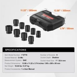 VEVOR Axle Nut Impact Socket Set, 1" Drive 6-Point 9-Piece SAE Spindle Nut Socket Set, CR-MO Heat Treated Large Socket Set With Storage Case,Black -Vevor GUEST fddc784f 8594 47a3 8ace 70a5dd42f2a0