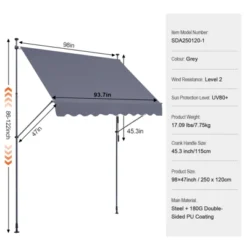 VEVOR 98 X 47" Patio Awning Retractable, Awning Sunshade Shelter With Manual Crank Handle, Adjustable Height From 86 To 122 In, Dark Gray -Vevor GUEST ff4590ff 4b81 45ff 8d6f 40f01d0fa00b