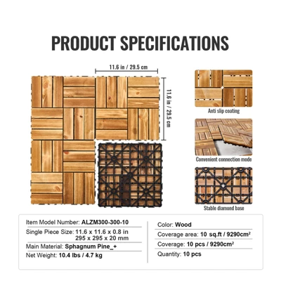 VEVOR Interlocking Deck Tiles Solid Wood, 10 Pack,12"x12" Waterproof Camphor Pine Wood Flooring All Weather Use, Patio Floor Decking Covering Tiles 7 VEVOR Interlocking Deck Tiles Solid Wood, 10 Pack,12"x12" Waterproof Camphor Pine Wood Flooring All Weather Use, Patio Floor Decking Covering Tiles - Image 7